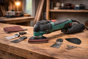 Ponceuse multifonction moderne posée sur un plan de travail en bois, avec des accessoires et des outils de bricolage en arrière-plan