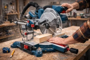 Scie radiale en action dans un atelier de bricolage, découpant une pièce de bois avec précision