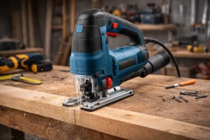 Scie sauteuse bleue et noire en action découpant une planche en bois sur un établi, avec une ambiance de travail professionnelle
