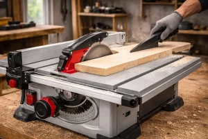 Scie sur table en action dans un atelier de menuiserie bien éclairé, découpant une planche en bois avec précision