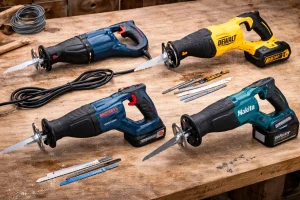 Différents modèles de scies sabres filaires et sans fil disposés sur un établi, avec lames et accessoires de coupe