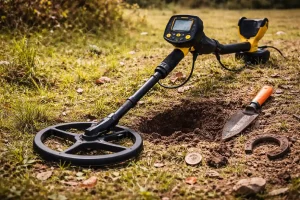 Détecteur de métaux en action sur un terrain herbeux, avec une pièce et des objets métalliques découverts près d’un trou de fouille