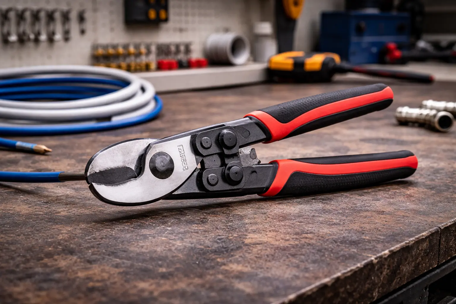 Pince coupe-câbles professionnelle en acier trempé posée sur un établi d’atelier