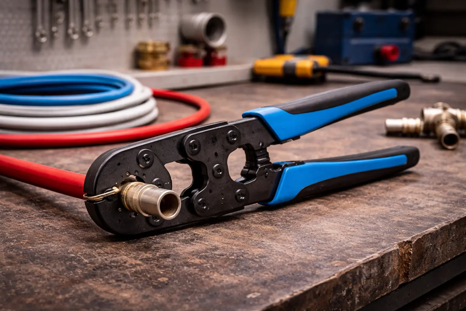 Pince à sertir PER utilisée sur un raccord de plomberie sur un établi d’atelier