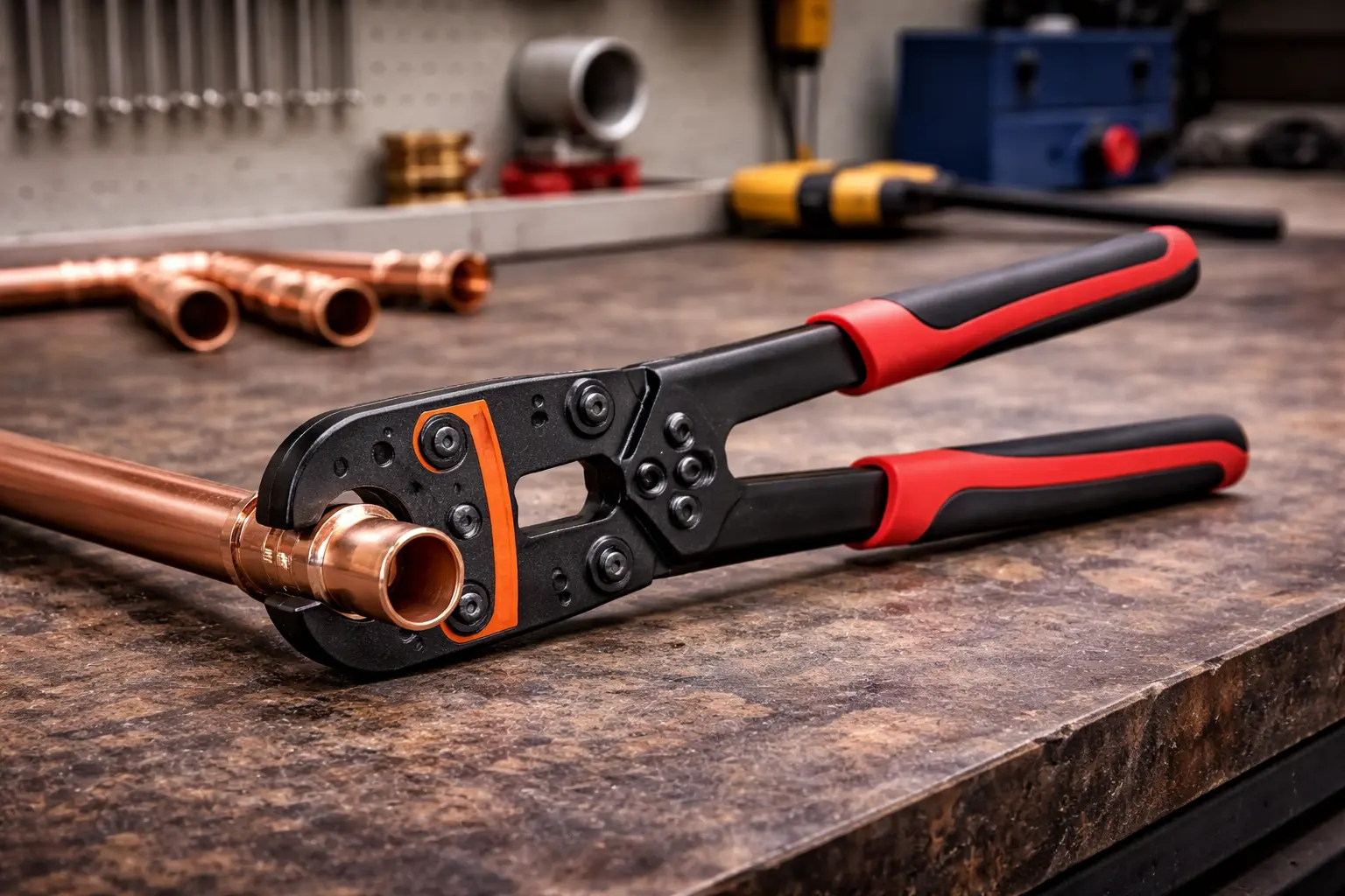 Pince à sertir cuivre utilisée sur un raccord de plomberie en cuivre sur un établi d’atelier